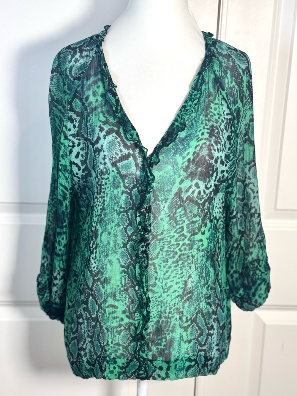 ba&sh Rick Blouse 1 US 6 Green Snake Animal Print Ruffle V Neck Sheer Boho Top S